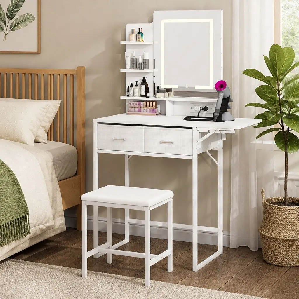 Dressing Table LED Makeup Mirror Vanity Desk Foldable Panel Storage Stool Set White