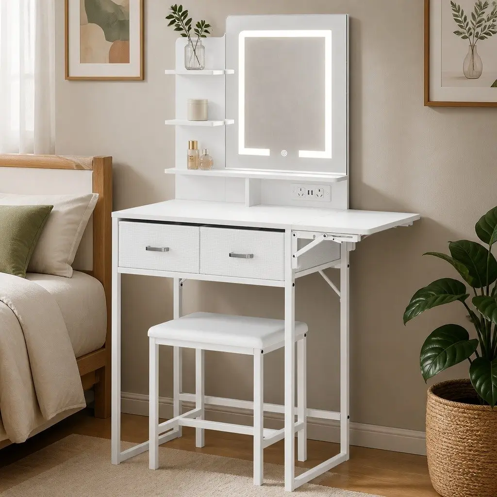 Dressing Table LED Makeup Mirror Vanity Desk Foldable Panel Storage Stool Set White