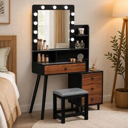 Dressing Table Stool Set with LED Mirror Makeup Vanity Storage Drawer Bedroom