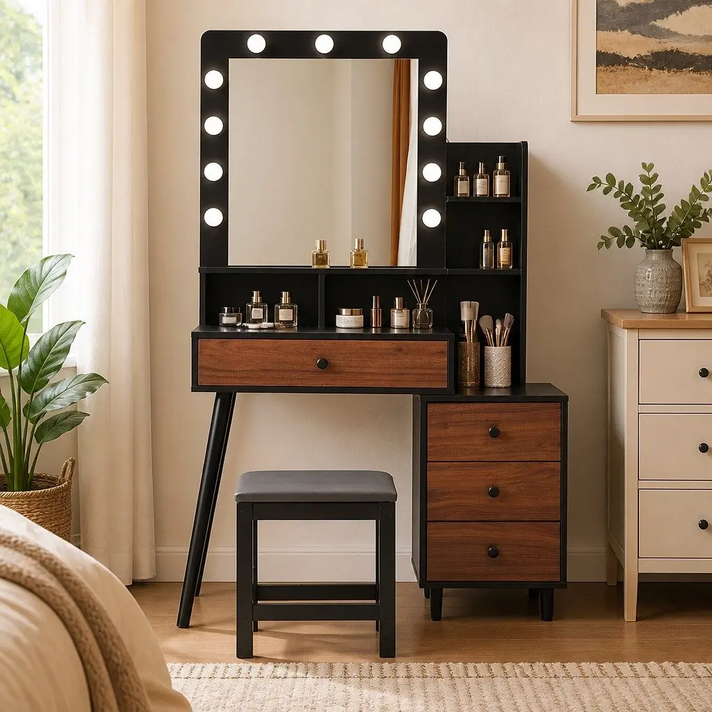 Dressing Table Stool Set LED Mirror Adjustable Brightness Storage Drawer Black Brown
