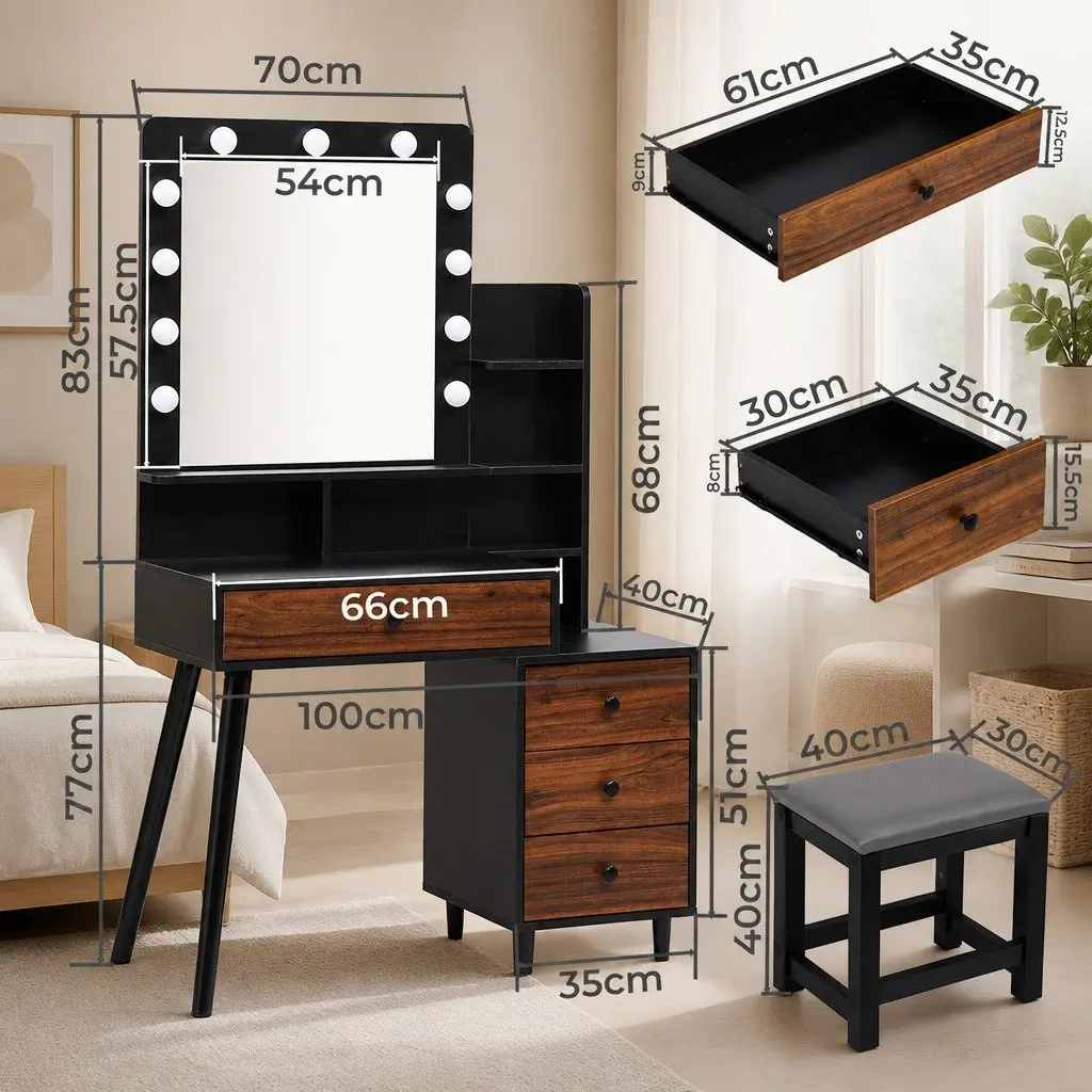 Dressing Table Stool Set LED Mirror Adjustable Brightness Storage Drawer Black Brown