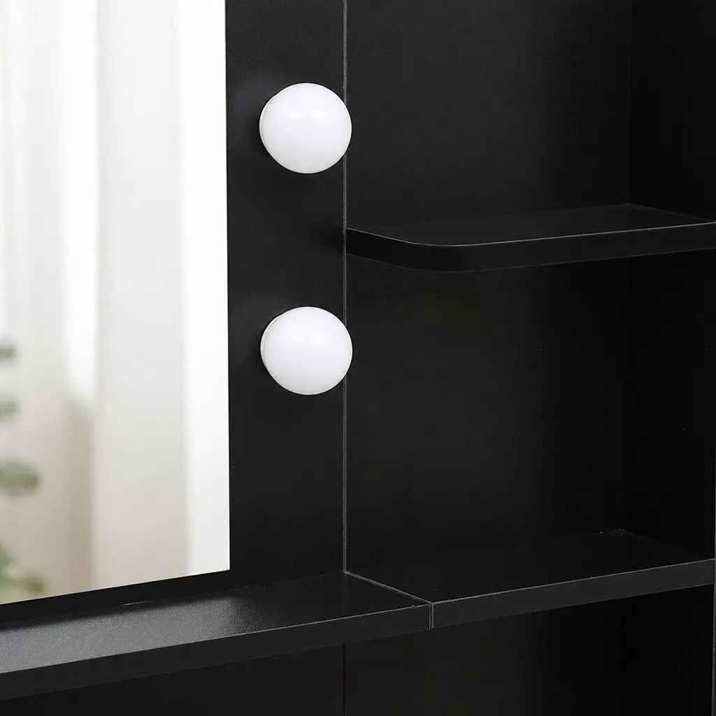 Dressing Table Stool Set LED Mirror Adjustable Brightness Storage Drawer Black Brown