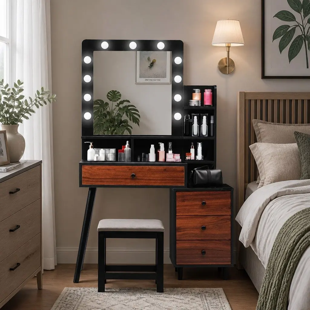 Dressing Table Stool Set LED Mirror Adjustable Brightness Storage Drawer Black Brown