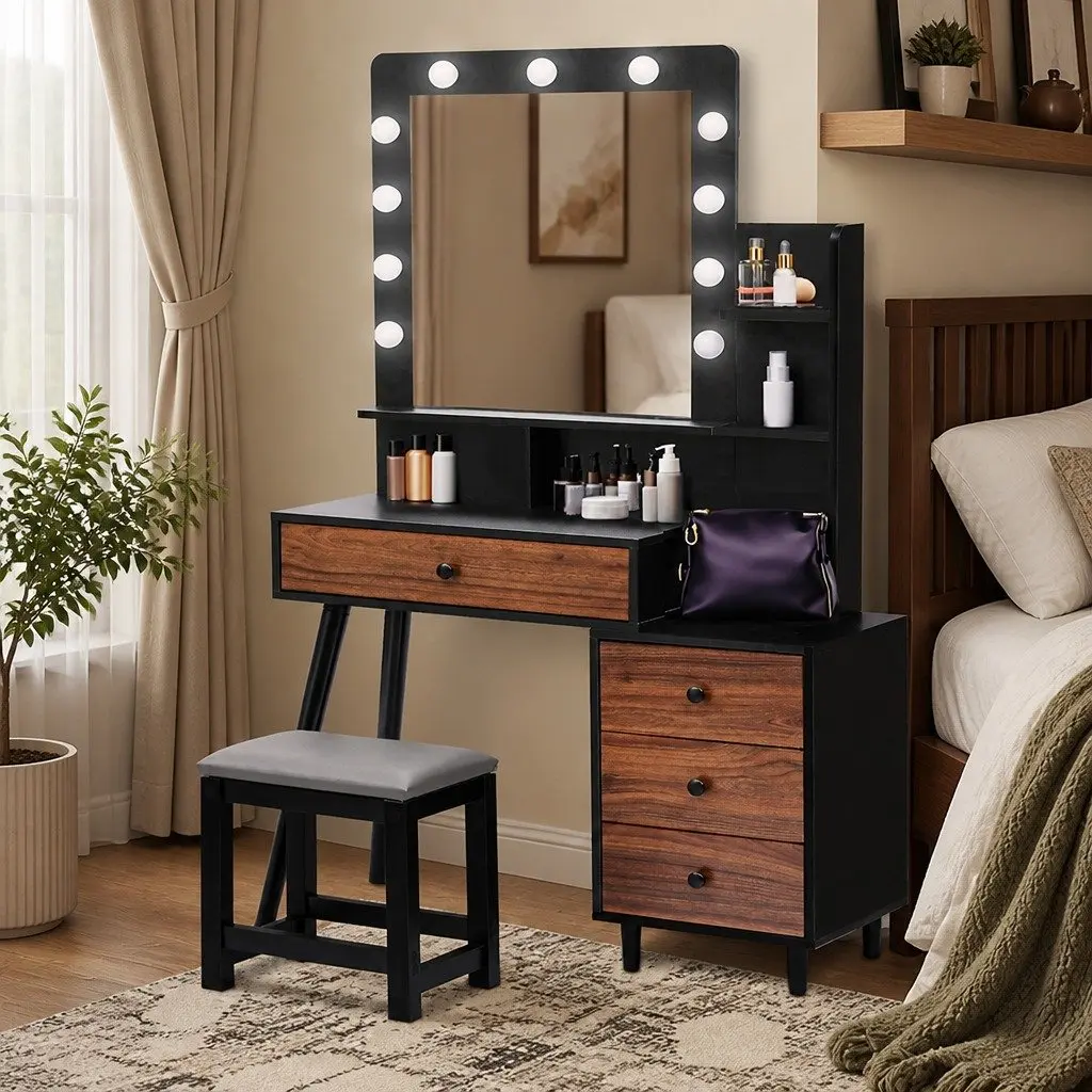 Dressing Table Stool Set LED Mirror Adjustable Brightness Storage Drawer Black Brown