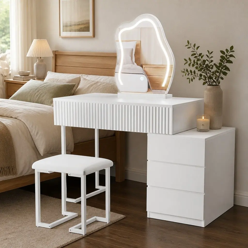 Dressing Table with Mirror LED Stool Set Makeup Vanity Drawers Storage