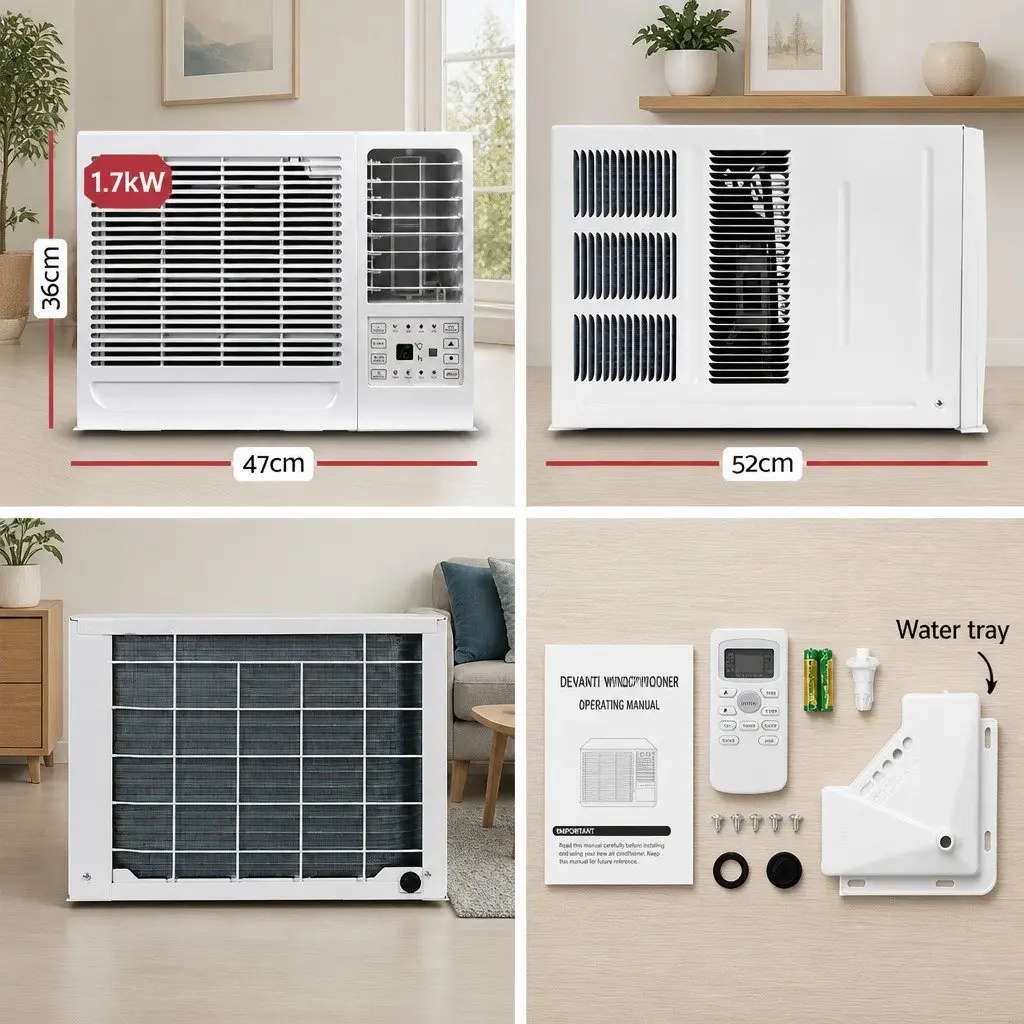 Window Air Conditioner 1.7kW Portable Cooling Unit Remote Control LED Panel