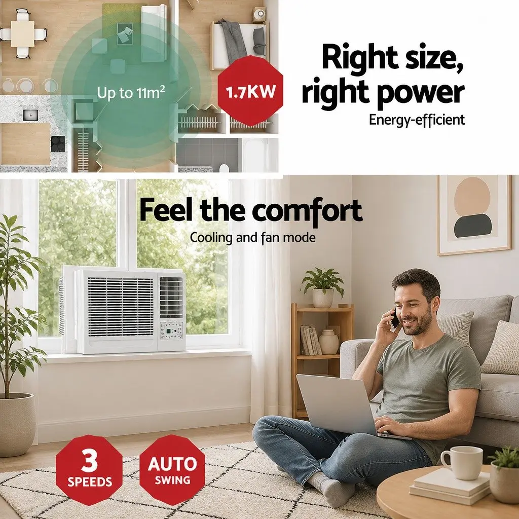 Window Air Conditioner 1.7kW Portable Cooling Unit Remote Control LED Panel