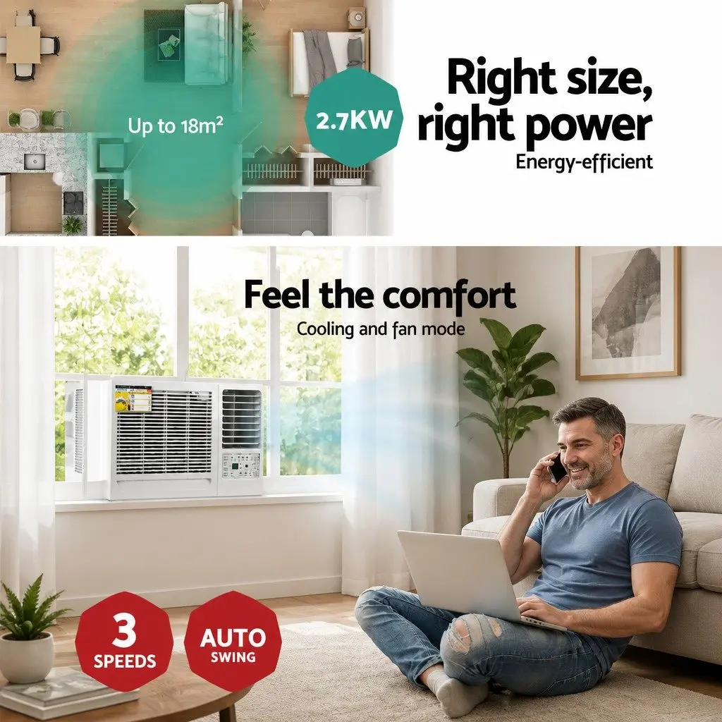 Window Air Conditioner 2.7kW Portable Cooling Unit LED Control Remote White