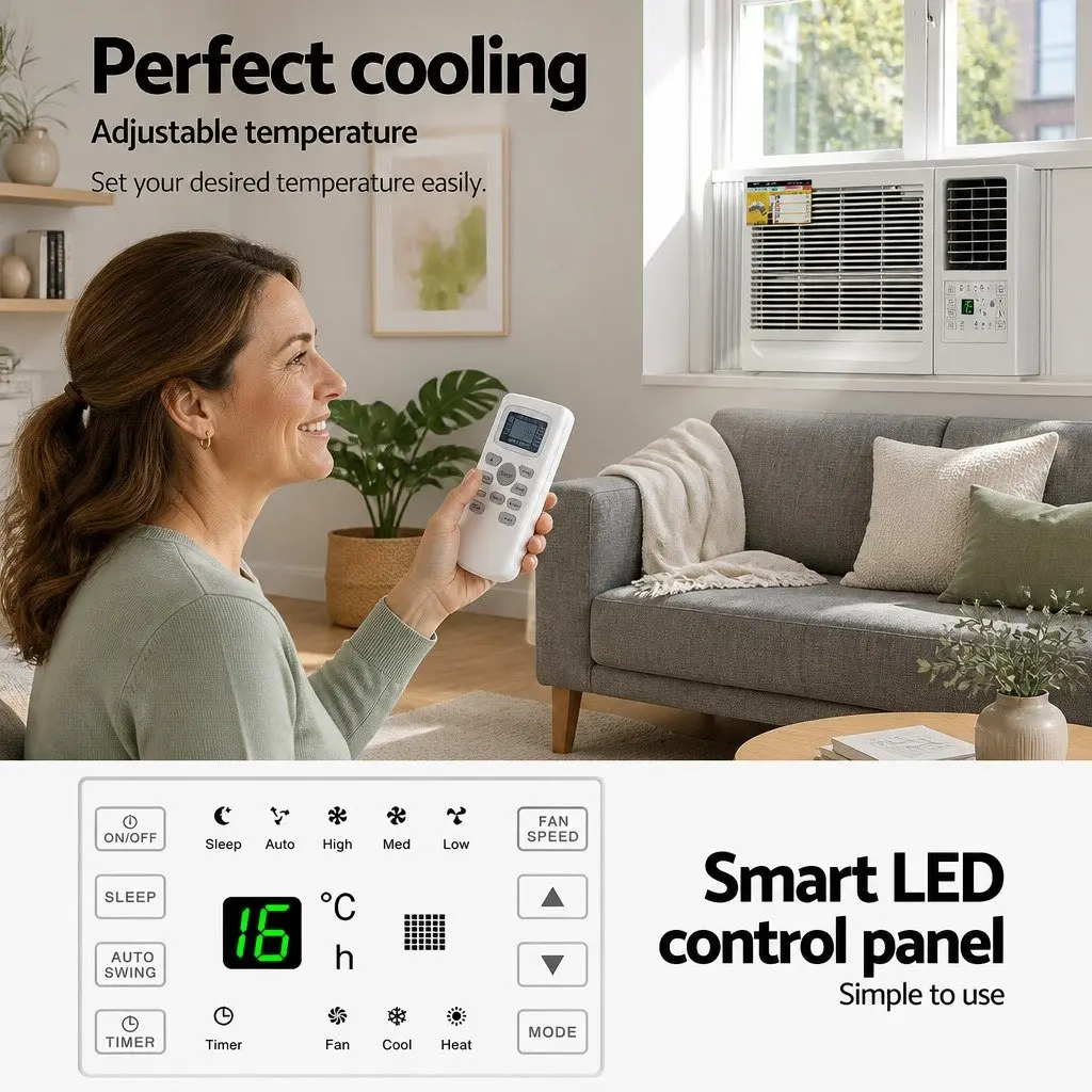Window Air Conditioner 2.7kW Portable Cooling Unit LED Control Remote White