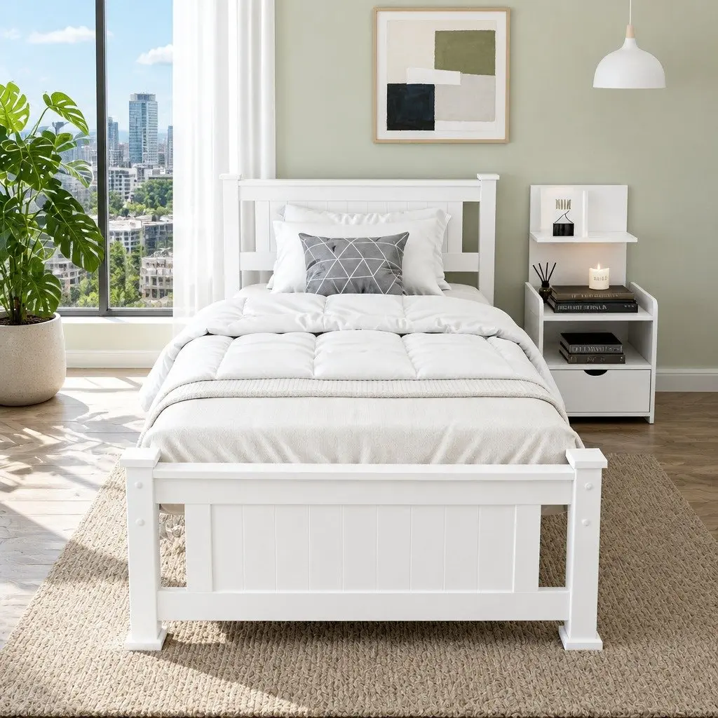 King Single Bed Frame with Bedside Table Storage Drawer White