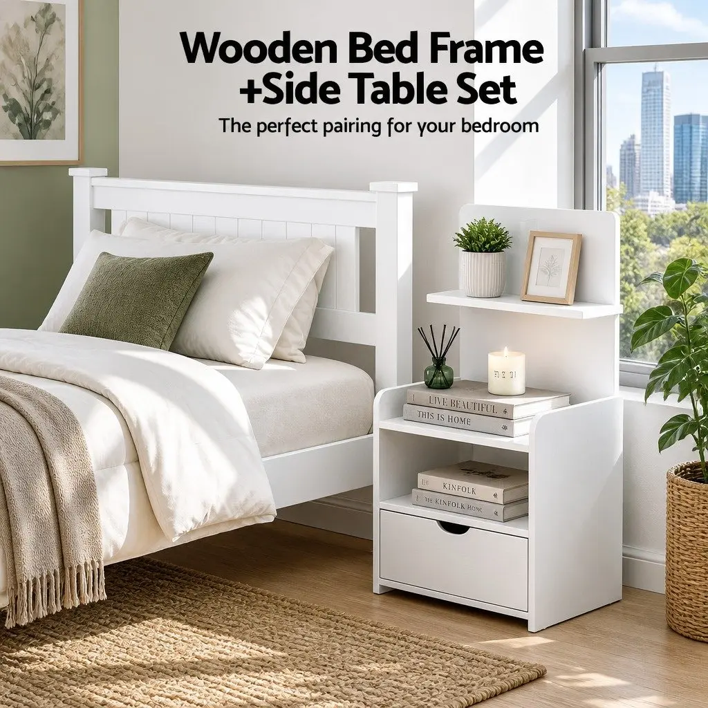 King Single Bed Frame with Bedside Table Storage Drawer White