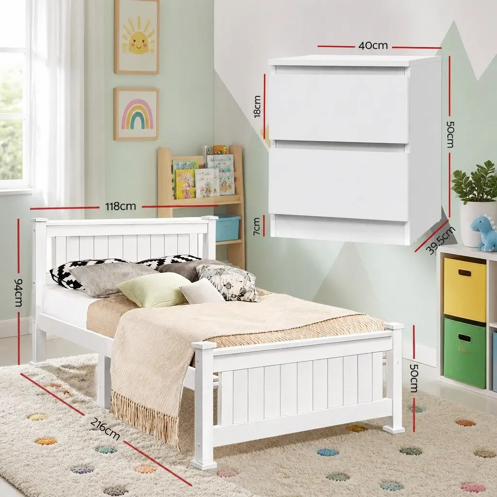 King Single Bed Frame Wooden Storage with Bedside Table White