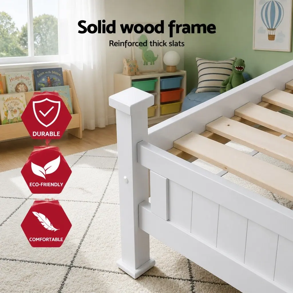 King Single Bed Frame Wooden Storage with Bedside Table White