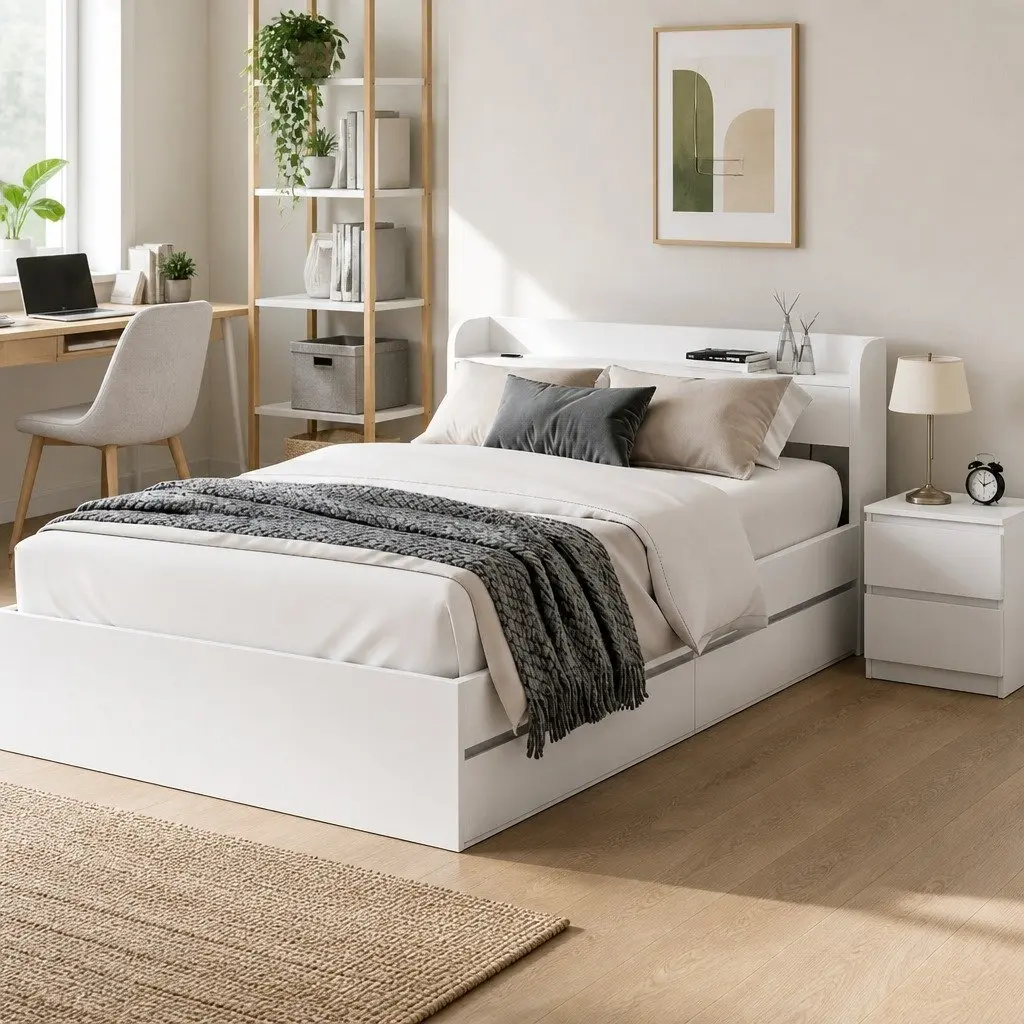 Single Bed Frame with Bedside Table Storage White Wooden Bedroom Set USB