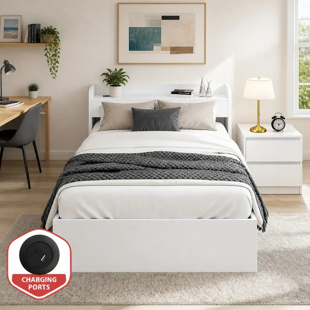 Single Bed Frame with Storage Headboard and USB Ports White Wooden Bedroom Set