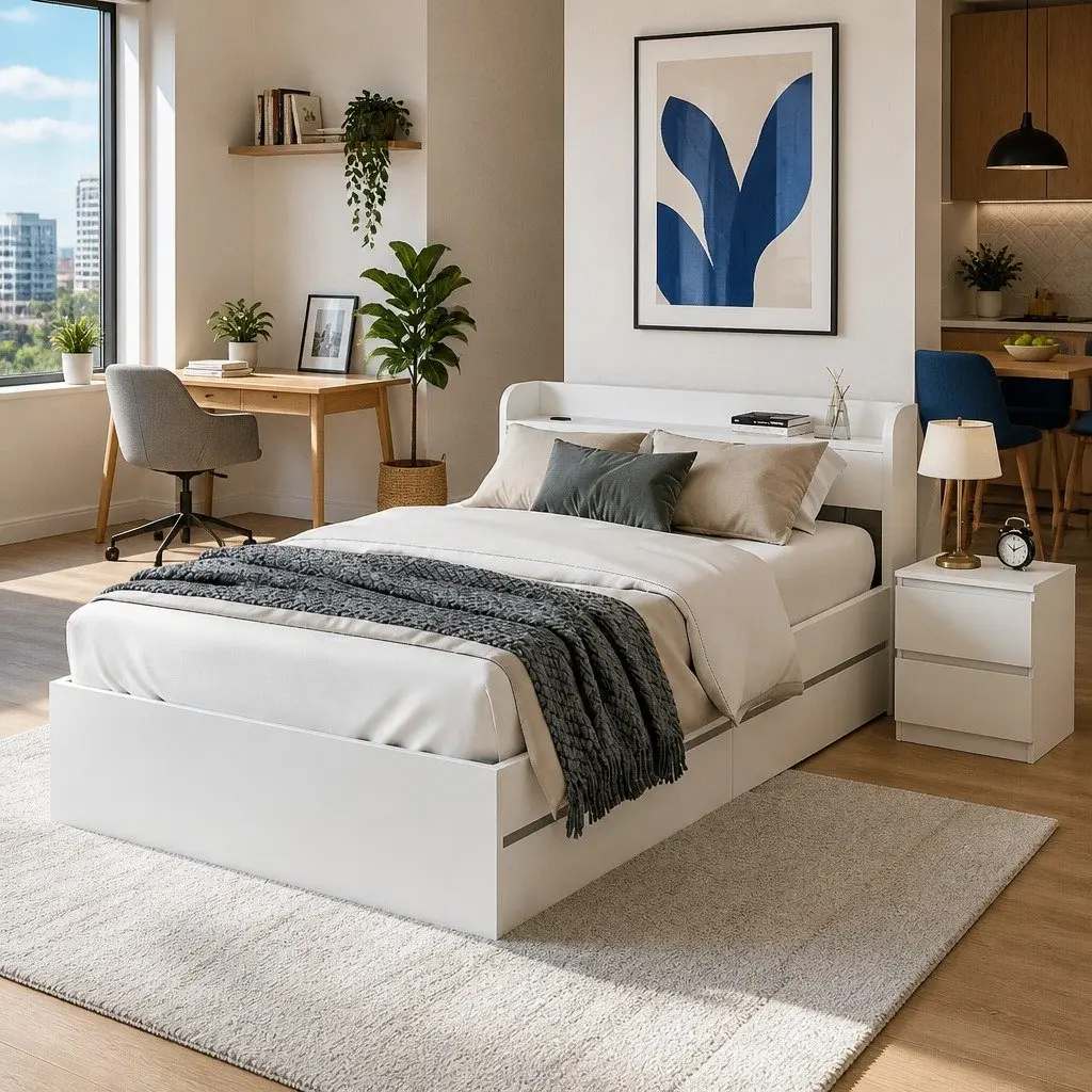 Single Bed Frame with Storage Headboard and USB Ports White Wooden Bedroom Set