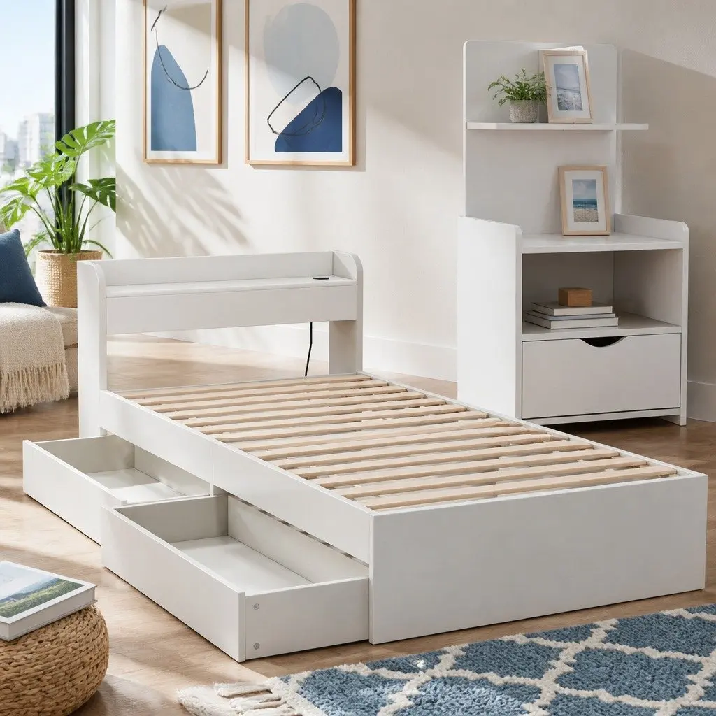 Single Bed Frame with USB Charging Ports and Bedside Table with Storage Drawers White