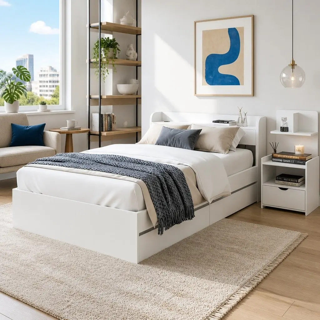 Single Bed Frame with USB Charging Ports and Bedside Table with Storage Drawers White