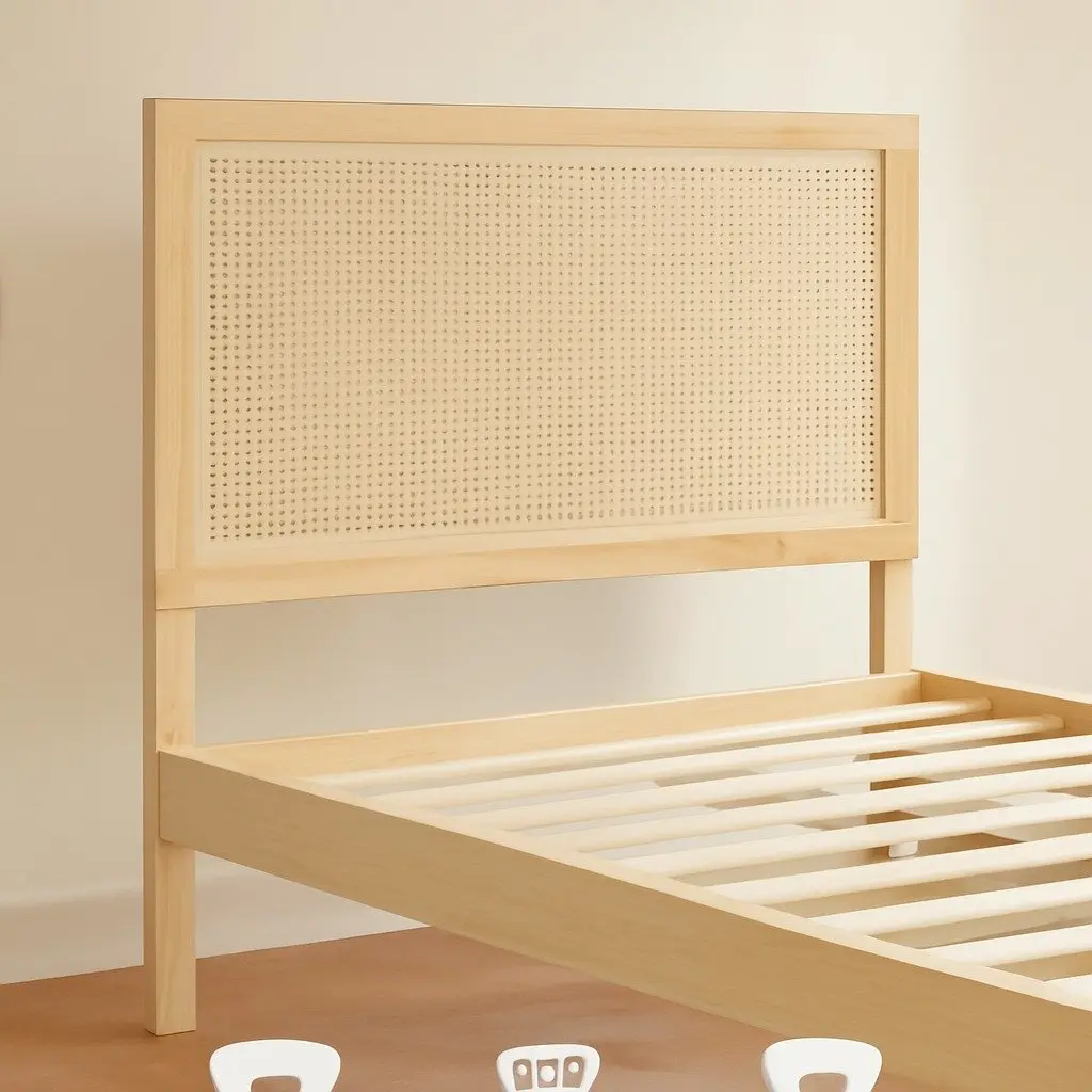 Queen Size Bed Frame Solid Pinewood Rattan Headboard Wooden Base Oak Colour