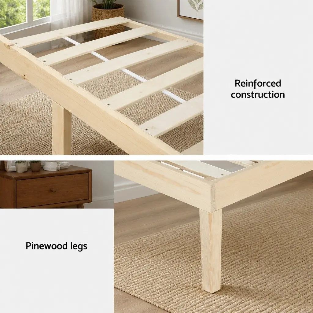 Single Bed Frame Wooden Base Pinewood Slatted Easy Assembly 190 x 96 x 36 cm Pine