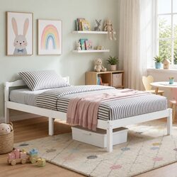Single Bed Frame White Wooden Slat Base Headboard Bedroom Furniture
