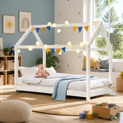 Wooden Kids House Bed Frame White Single Mattress Children's Bedroom Furniture