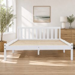 Queen Size Bed Frame Wooden White Bedroom Furniture Solid Pine Slat Base