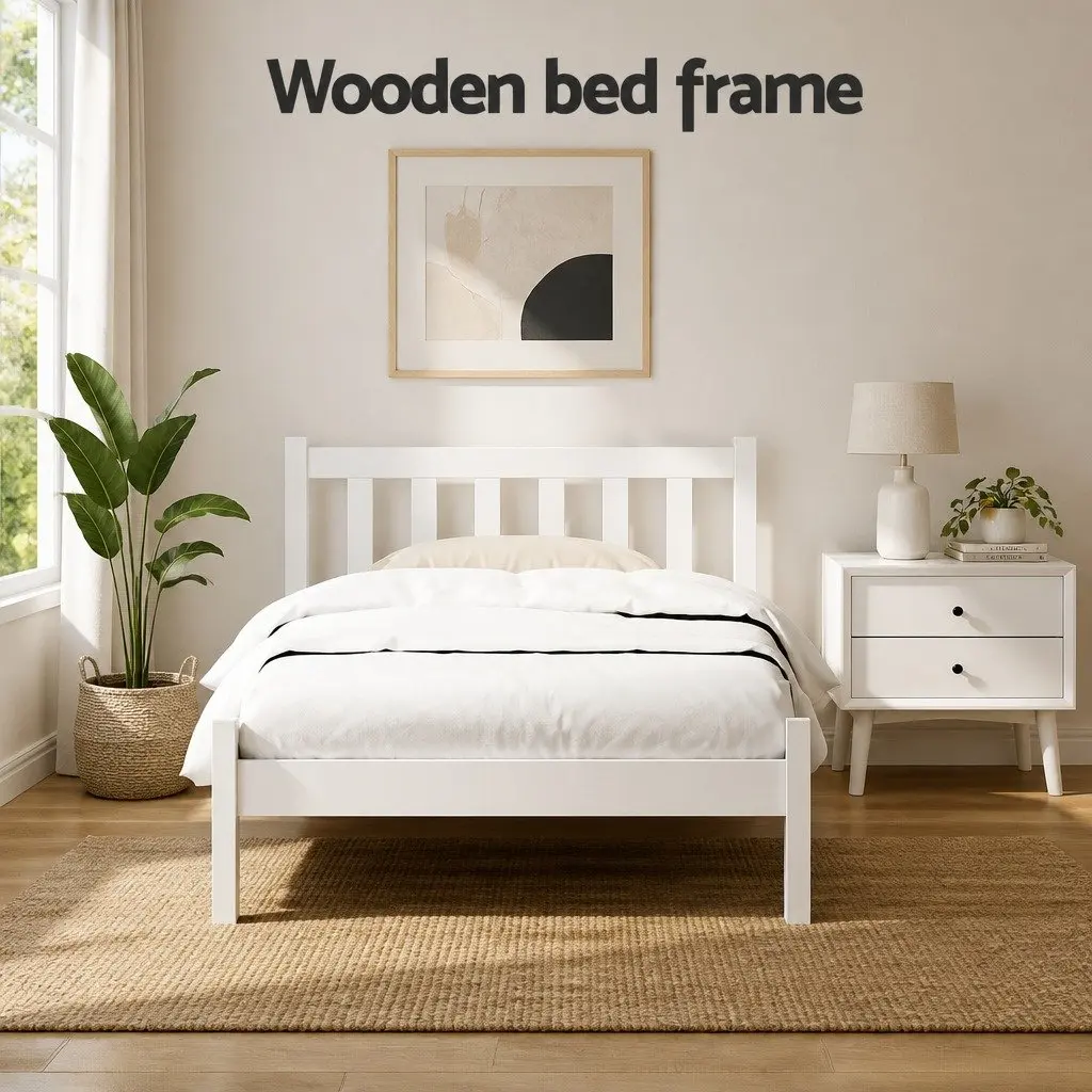 Single Wooden Bed Frame White Pine Slat Base Headboard