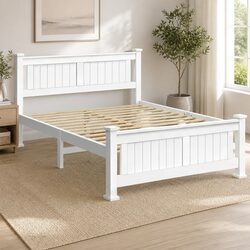 Double Bed Frame Wooden White Slat Base Heavy-Duty Steel Fixings Bedroom
