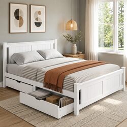 Double Bed Frame Wooden Platform White Storage Drawers Slat Base Australian