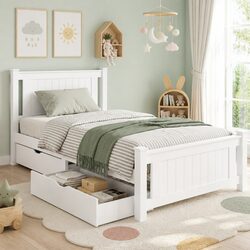 Wooden Bed Frame King Single Size Platform with 2 Storage Drawers White