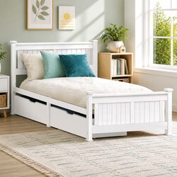 Single Bed Frame Wooden with 2 Storage Drawers White Slat Base Kids Adult