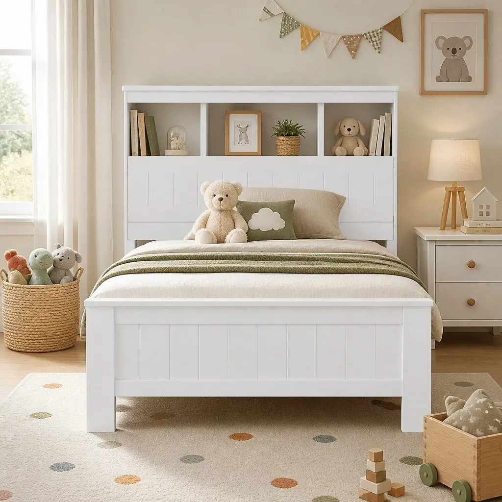 Wooden Bed Frame King Single Size with Storage Shelves White