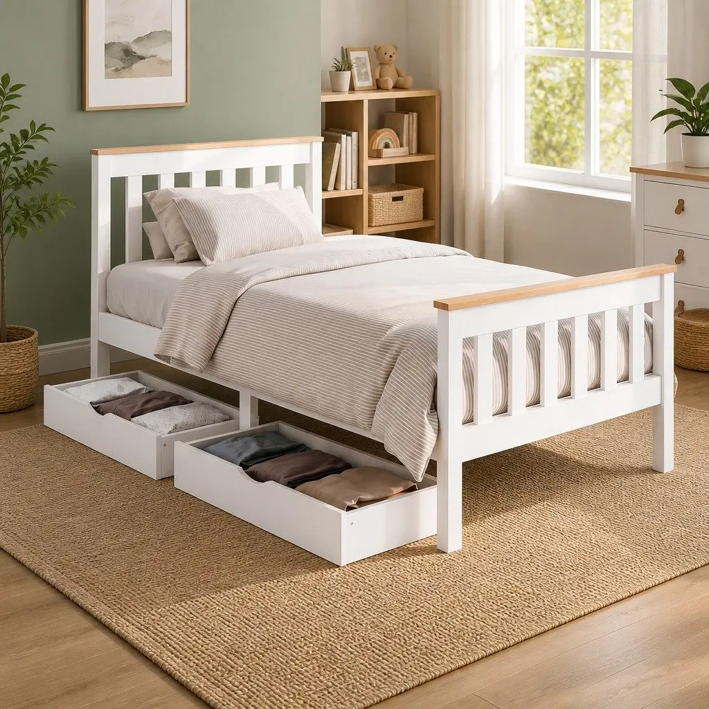 Single Bed Frame Wooden Platform with Storage Drawers White