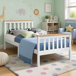 Single Wooden Bed Frame White Pine Wood Slat Support Bedroom Furniture