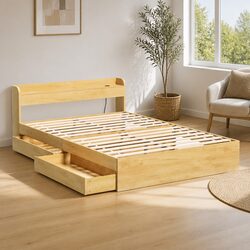 Double Bed Frame with USB Charging Ports and 2 Storage Drawers Pine Wood
