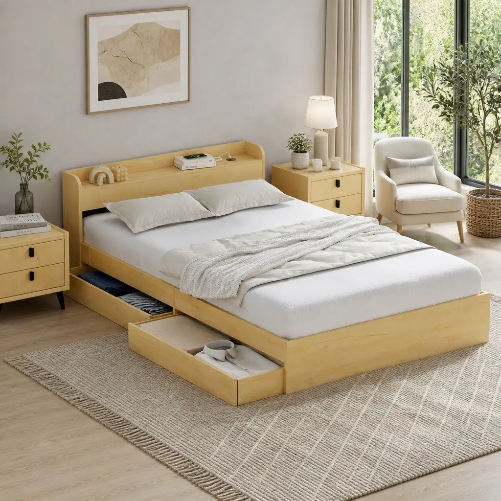 Double Bed Frame with USB Charging Ports and Storage Drawers Pine Wood