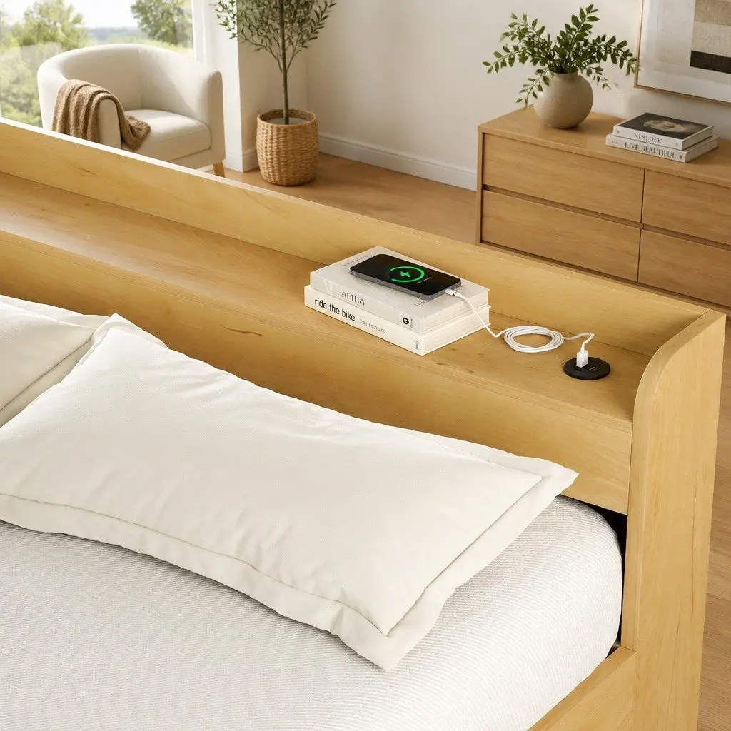 Double Bed Frame with USB Charging Ports and Storage Drawers Pine Wood