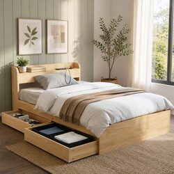King Single Bed Frame with Storage Drawers USB Ports Headboard Platform Base