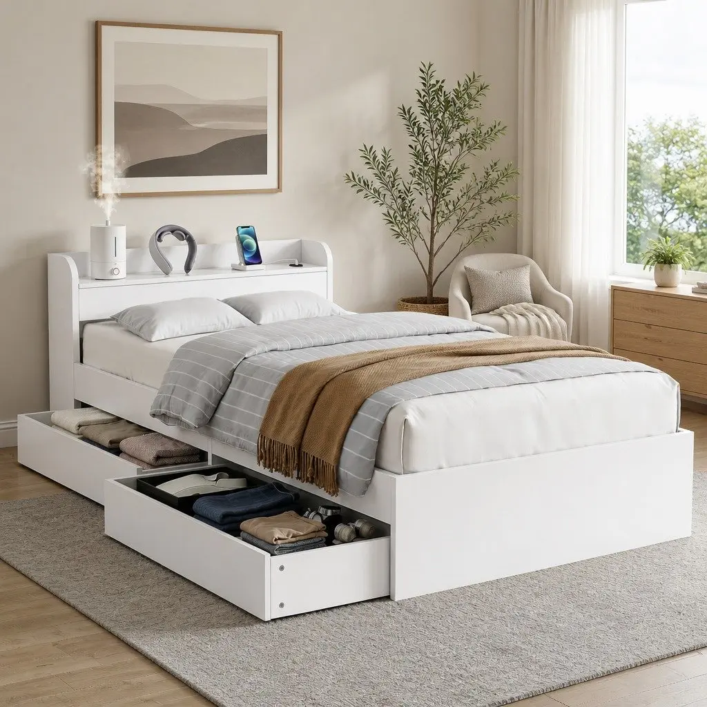 Bed Frame King Single White with USB Charging Ports Storage Drawers Headboard