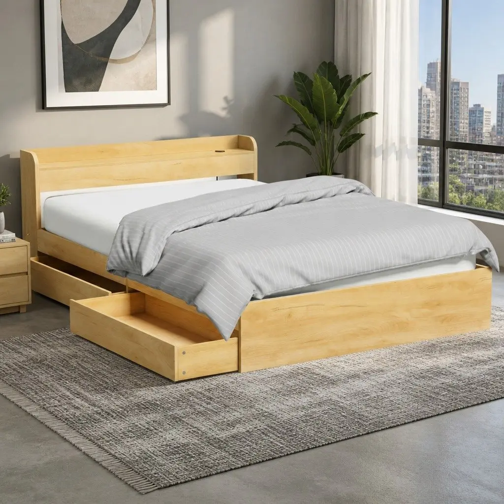 Queen Size Bed Frame with USB Charging Ports Storage Drawers and Headboard Pine 224x158x70cm
