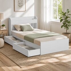 Single Bed Frame with USB Charging Ports Storage Drawers White Bedroom Furniture