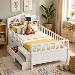 Single Bed Frame with Storage Drawers House Design LED Light USB Ports Safety