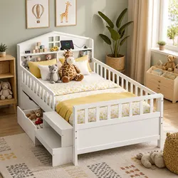 Single Bed Frame with Storage Drawers House Design LED Light USB Ports Safety