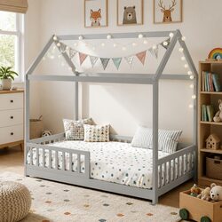 Kids Wooden House Bed Frame Grey Single Size Children's Bedroom Furniture