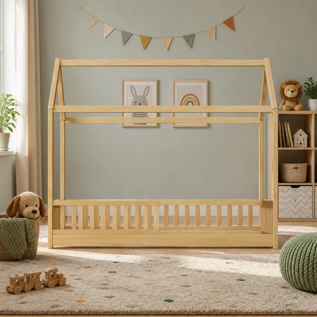 Kids Wooden Bed Frame House Shape Single Size Oak Pine Bedroom Furniture