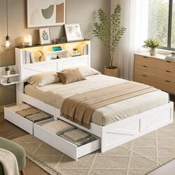Double Bed Frame with Storage Drawers Bookcase Headboard Charging Station LED