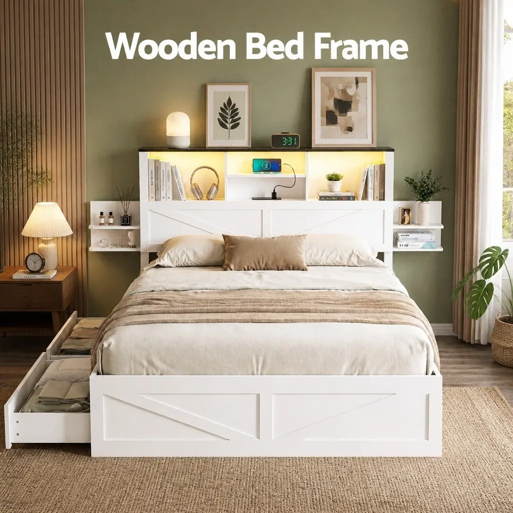 Double Bed Frame with Storage Drawers Bookcase Headboard Charging Station LED White