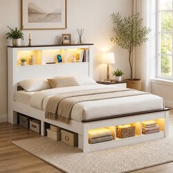 Double Bed Frame with Storage Bookcase Headboard Footboard Charging Station LED