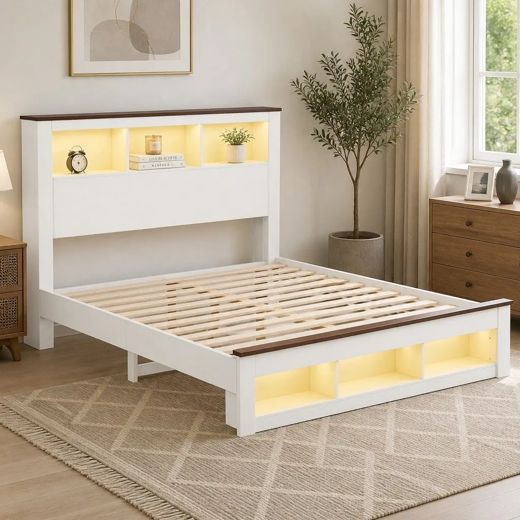 Double Bed Frame with Storage Bookcase Headboard Charging Station LED White